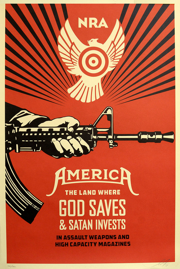 ABOUT EDWARD KURSTAK GOD SAVES & SATAN INVESTS (NRA)  by Frank Shepard Fairey (Obey)