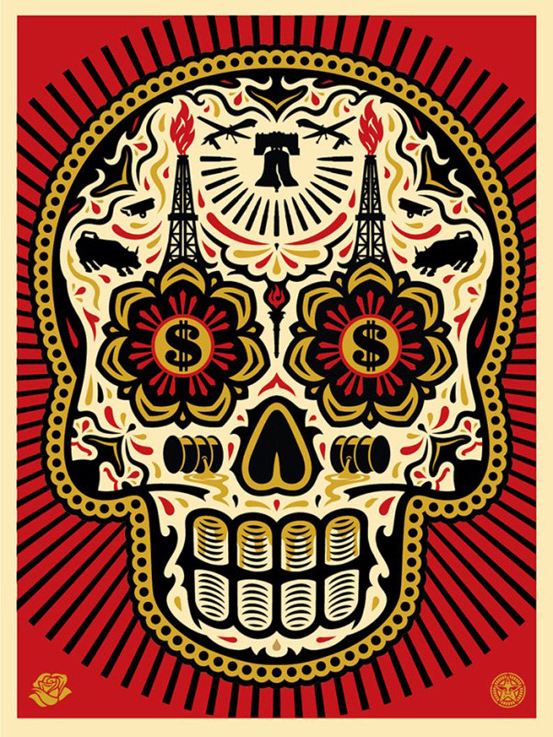 ABOUT EDWARD KURSTAK POWER & GLORY DAY OF THE DEAD SKULL (RED) by Frank Shepard Fairey (Obey)